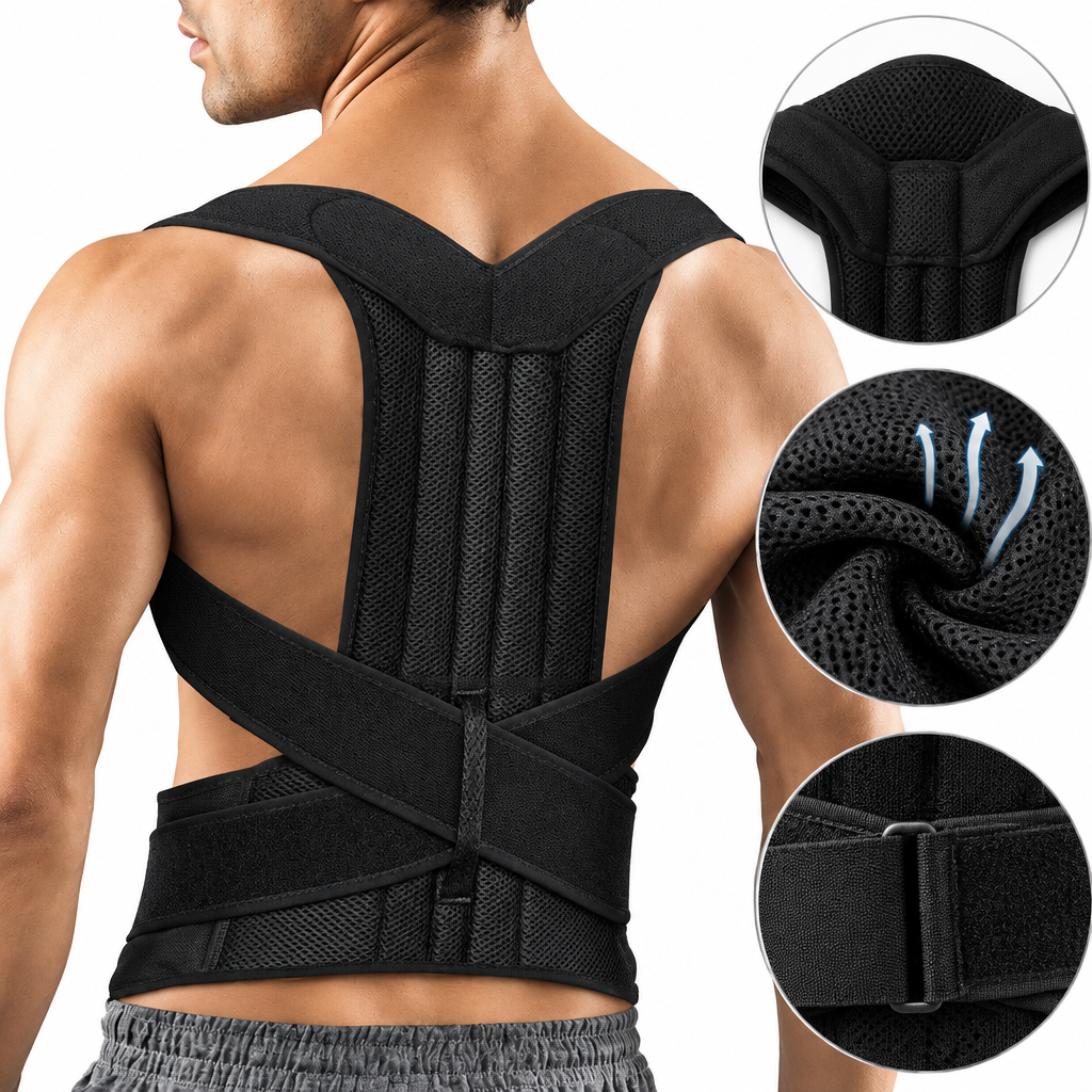 Adjustable back support posture corrector on white background