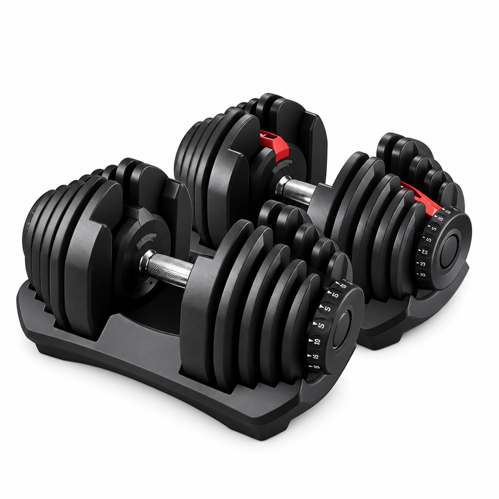 Adjustable rubber dumbbells set on white background