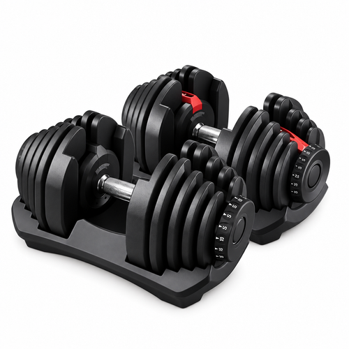 Adjustable rubber dumbbells set on white background