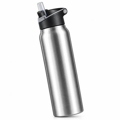 Insulated stainless steel water bottle with straw on white background