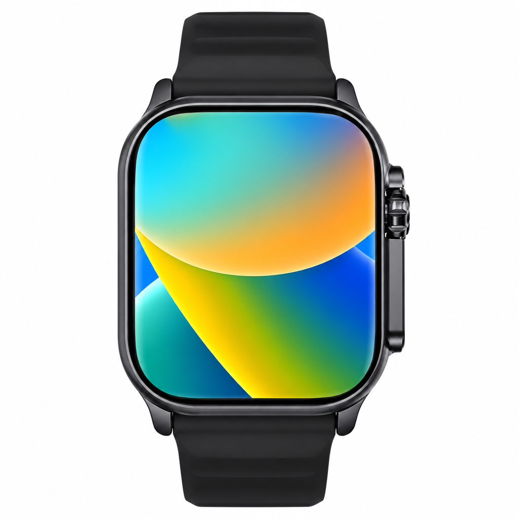 Smart watch with black band on white background